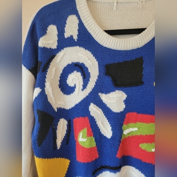 Vintage 90s Geometric Abstract Bright Bold Beaded Oversized Crew Neck Sweater - Picture 5 of 5